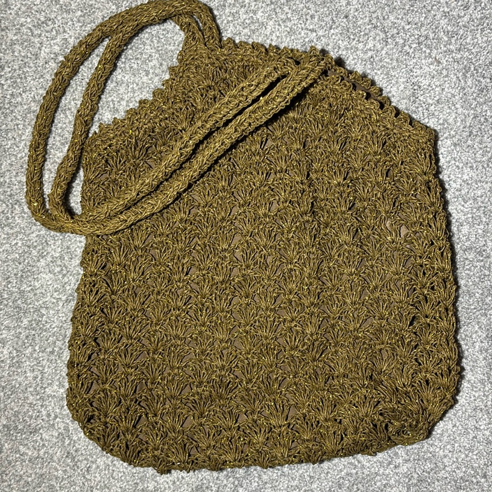 Slouchy Brown Crochet Bag gold sparkle y2k trendy handbag iconic 2000’s purse - Picture 1 of 8